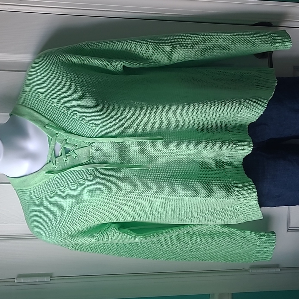 J. Crew Mint Green Beachy Cotton Sweater Lace Up Front | Size Large | NWOT